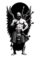 no legs shirtless muscular bagpiper bald black beard playing bagpipes hoge black wings tattoo design idea