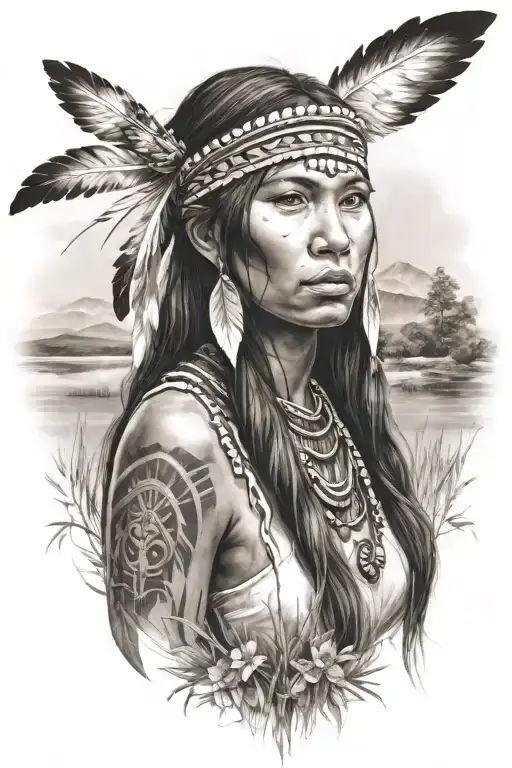 young adorable native american woman, river, meadow tattoo design idea