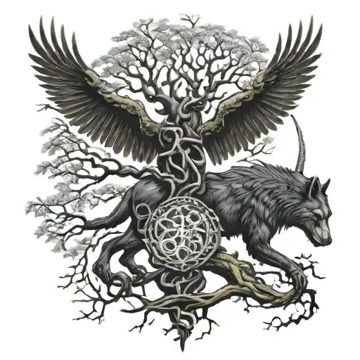 ygdrasil with a crow flying and fenrir, viking norse and rune tattoo design idea