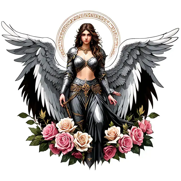 ANGEL WARRIOR WITH FEATHERED WINGS IN WHITE PINK ROSES  tattoo design idea