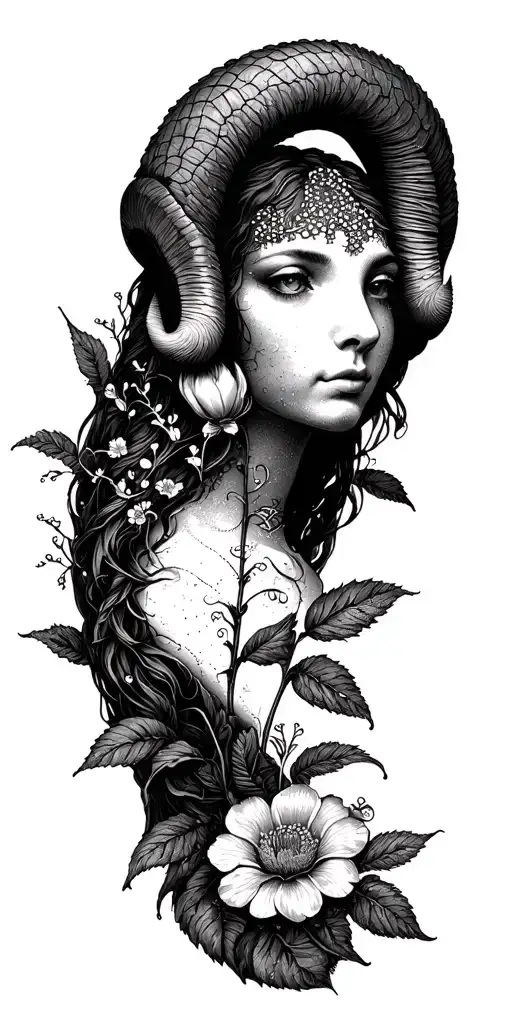 Aries zodiac sign flower surrounded tattoo design idea