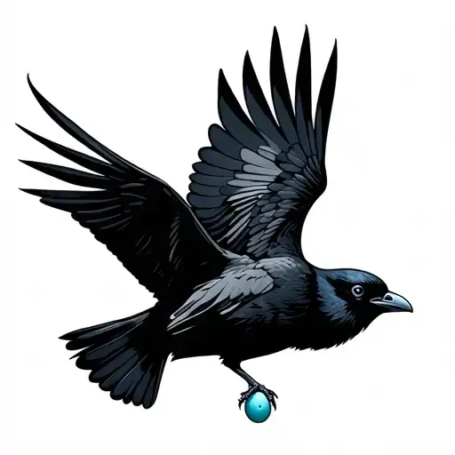 black crow flying away with a small light blue egg in its beak, minimalist tattoo design idea