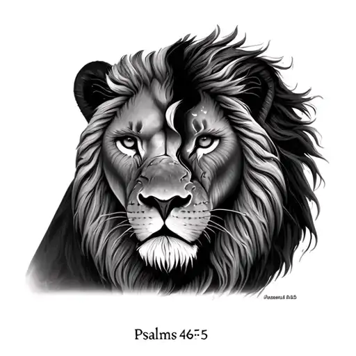 half a lion face, only show one half of the face, with the words, "Psalms 46:5" embedded on the face tattoo design idea