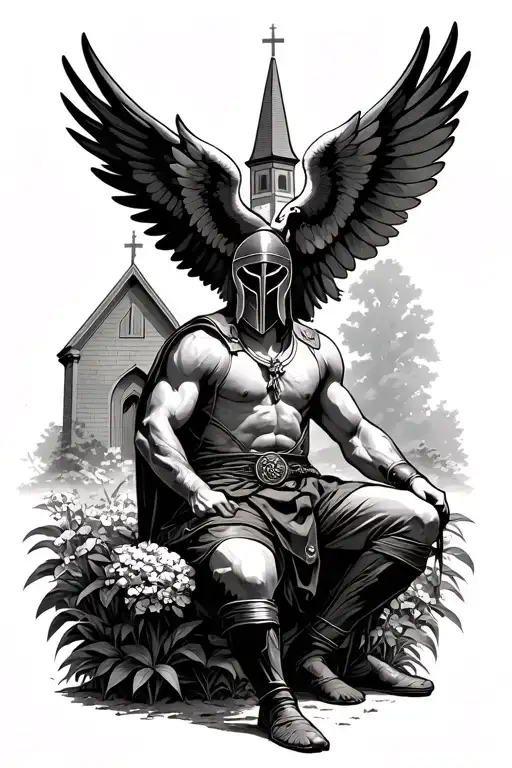 spartan warrior sitting in a garden in front of a church with dove wings tattoo design idea