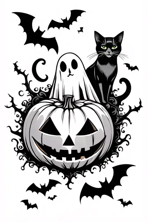 Halloween w ghost, cat, bats, and jack o lantern tattoo design idea