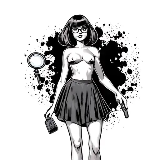 velma dinkley from scooby doo, full body, skirt, naked, topless, glasses, magnify glass in hand tattoo design idea