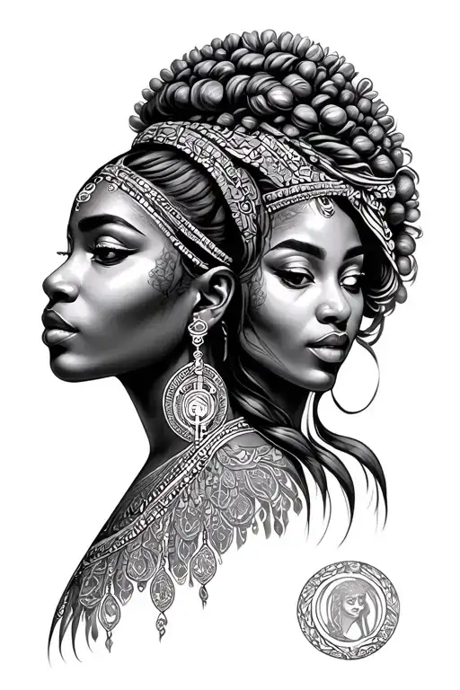 african goddess twin girl with virgo symbol intertwined tattoo design idea