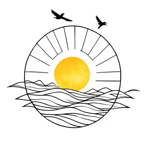 sun waves birds flying fine tattoo design idea