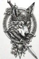 sword of damocles with guard including a wolf's head, a moon and a sun tattoo design idea
