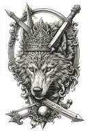 sword of damocles with guard including a wolf's head, a moon and a sun tattoo design idea