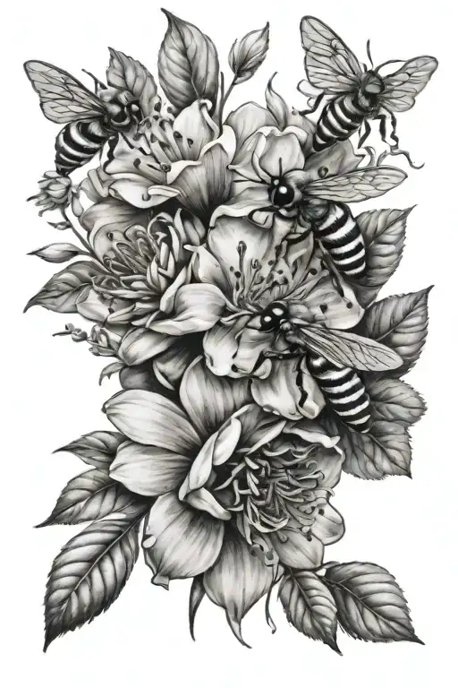 realistic flowers and honey bee tattoo design idea