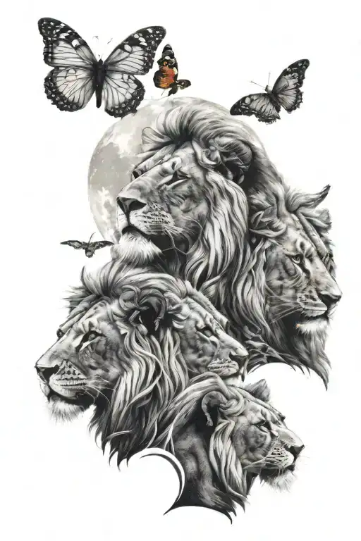 3 lions with a butterfly and full moon surrounded tattoo design idea