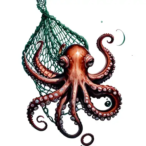 octopus holding fishing net intertwined tattoo design idea