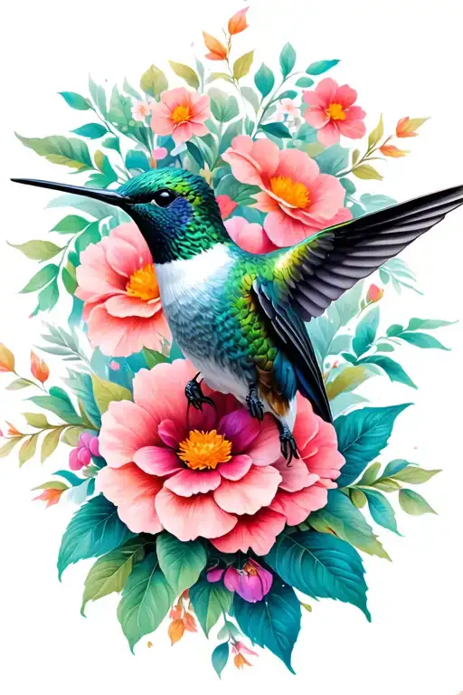 realism hummingbird with floral background  tattoo design idea