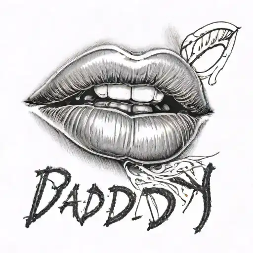 lips with "daddy" written into lower lip in white. Signed off tattoo with A❤️ tattoo design idea