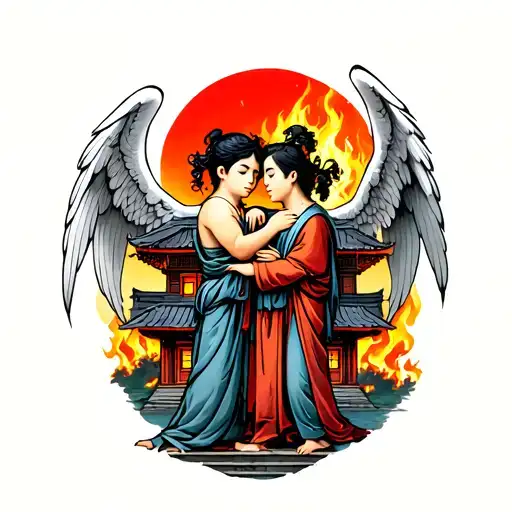 Two angels embrace a boy in front of a burning house in a Japanese-style chest tattoo tattoo design idea