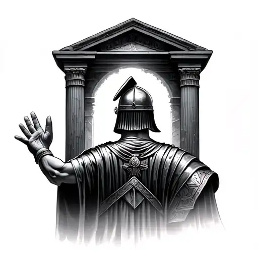 back view roman soldier in front of the empty tomb with hands raised. tattoo design idea