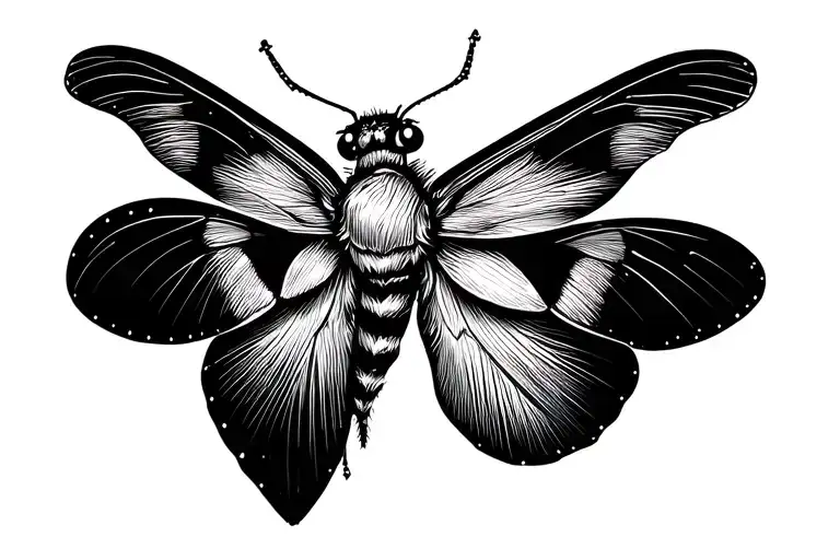 Create a 7×7 cm black-and-white fine line and dot‑work tattoo design of a delicate small moth (not buterfly) positioned  tattoo design idea
