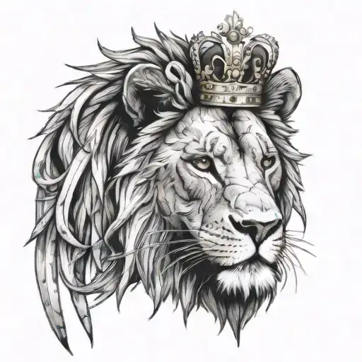 lion looking straight on with crown of thorns and scar on the eye that looks like a cross tattoo design idea