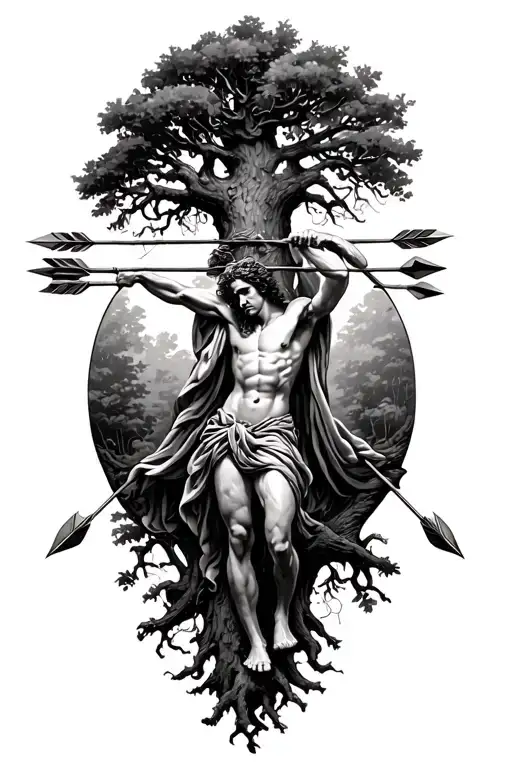 st. sebastian tied to tree shot with arrows tattoo design idea