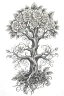 tree of life with lots of roots and leaves, surrounded by roses, with a Christian cross intertwined in the trunk tattoo design idea