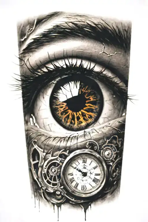 Eye with a clock and a person walking in the eye inside tattoo design idea