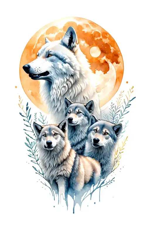 white wolf head howling moon and three wolf cubs surrounded tattoo design idea