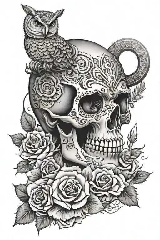 skull, rose, mandala, realism, white highlights, letter T, woman face, owl, lamb  tattoo design idea