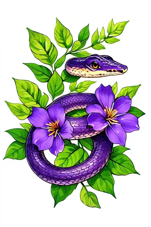 Honduran milk snake with purple flowers and green leaves  tattoo design idea