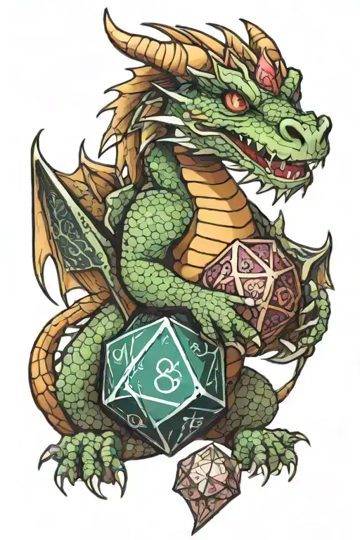 dragon hugging d20 dice tattoo design idea