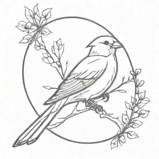 simple line drawing of canary bird in circle frame tattoo design idea