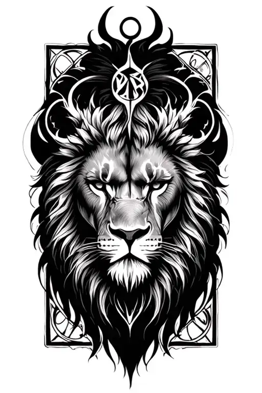 lion head with cirle of runes behind  tattoo design idea