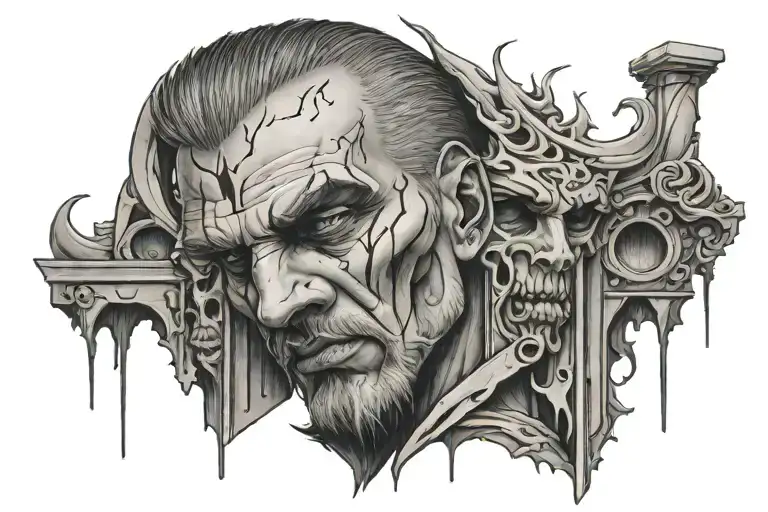 sampson breaking pillars with tears coming from his eyes with anger  tattoo design idea