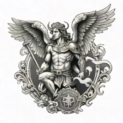 Empowered Archangel Michael, protector of police officers and the phrase Strong Fortune Adiuvat on a scroll tattoo design idea