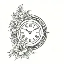 mirror with clock and flowers intertwined tattoo design idea