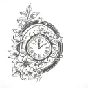 mirror with clock and flowers intertwined tattoo design idea