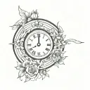 mirror with clock and flowers intertwined tattoo design idea