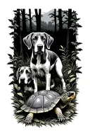 2 german shorthaired pointers and 1 box turtle in the woods tattoo design idea