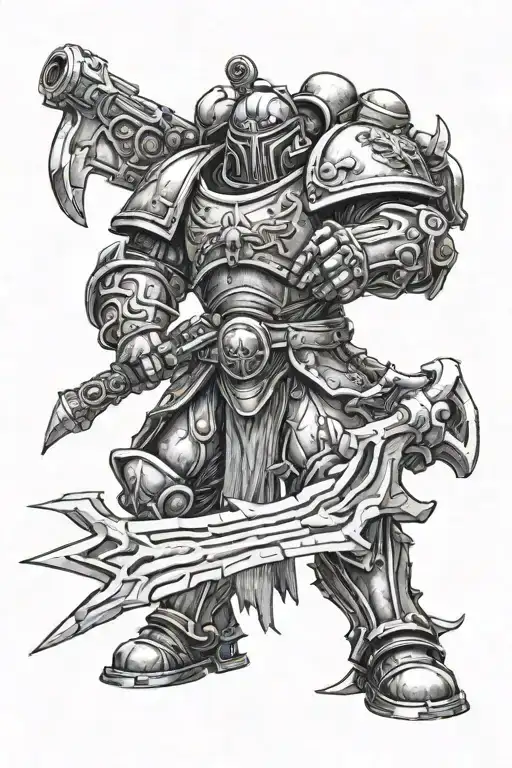 Imperial Fist Space Marine fighting demons with chainsword tattoo design idea