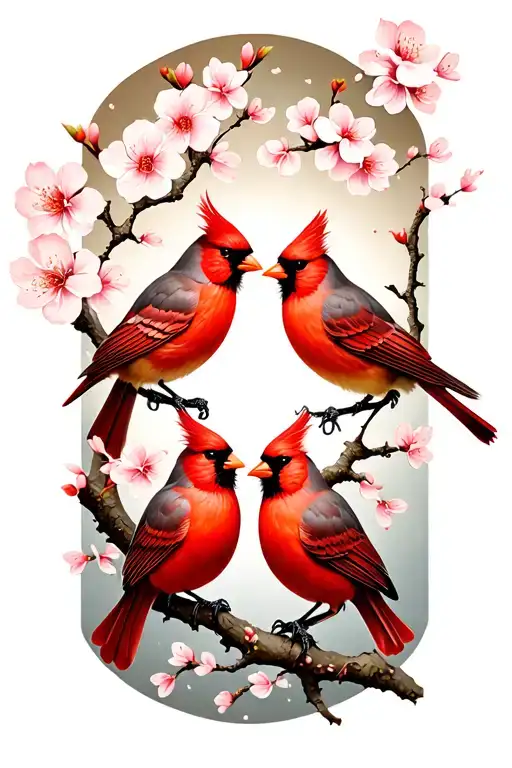 two cardinals perched on a single akebono cherry blossom branch, facing each other in an intimate pose tattoo design idea