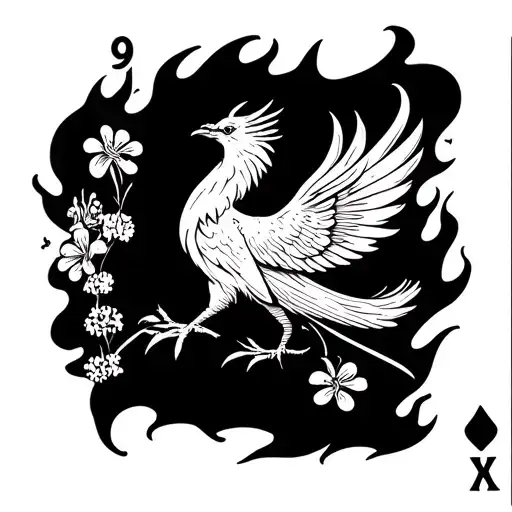 Phoenix rising from flames, 9 of Diamonds playing card, Lillies, Sweet Alyssum tattoo design idea