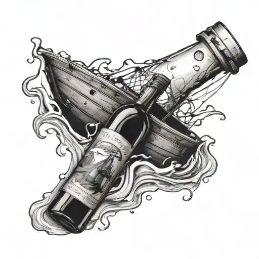broken wine bottle with a boat inside tattoo design idea