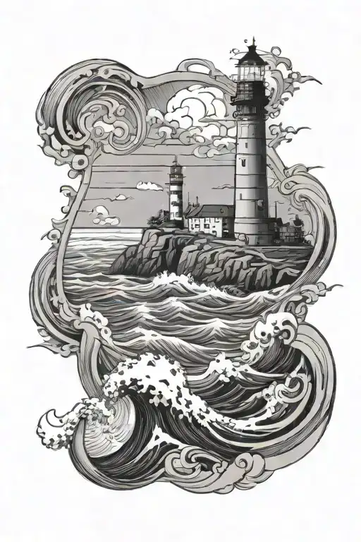 lighthouse on a cliff with ships in the water waves tattoo design idea