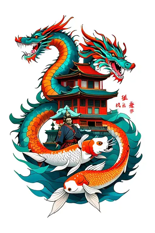 Japanese dragon wrapped in a building with 2 koi fish beneath it then a Japanese warrior below the fish and a foo dog  tattoo design idea