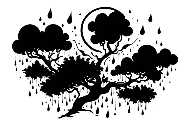 rain, clouds, sun, tree, smoke, tattoo design idea