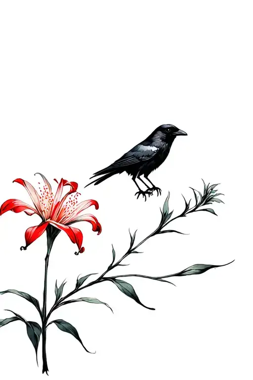 red spider lily and a crow holding it I want to show my Transference and intelligence tattoo design idea