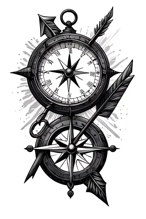 Compass, clock and arrow surrounded tattoo design idea