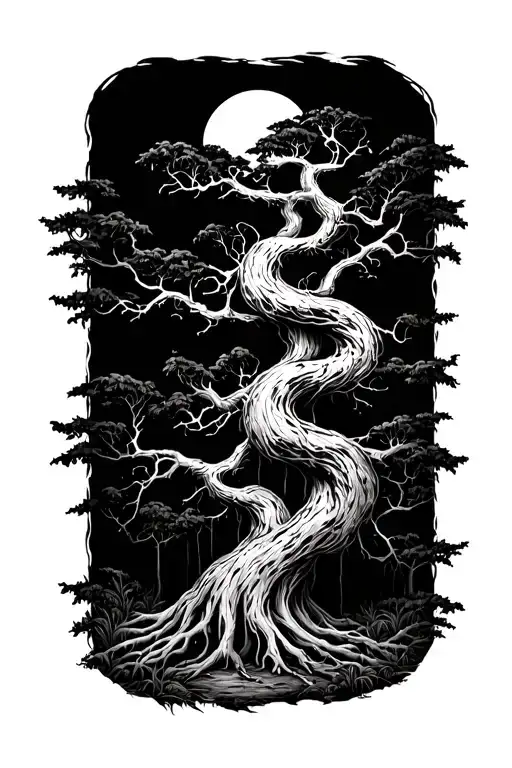 “A surreal black-and-white illustration of a haunted forest, designed for a forearm tattoo. The trees are tall and twist tattoo design idea