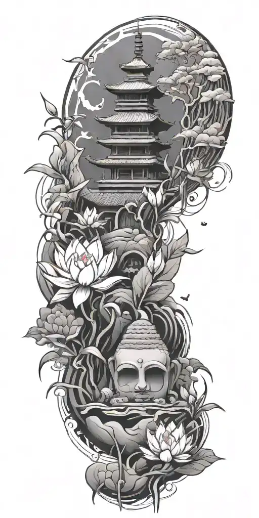 buddhist inpired tattoo with scenary of nature, bamboo, water, and with lotus, koi fish, small budda and spiritual stuff tattoo design idea