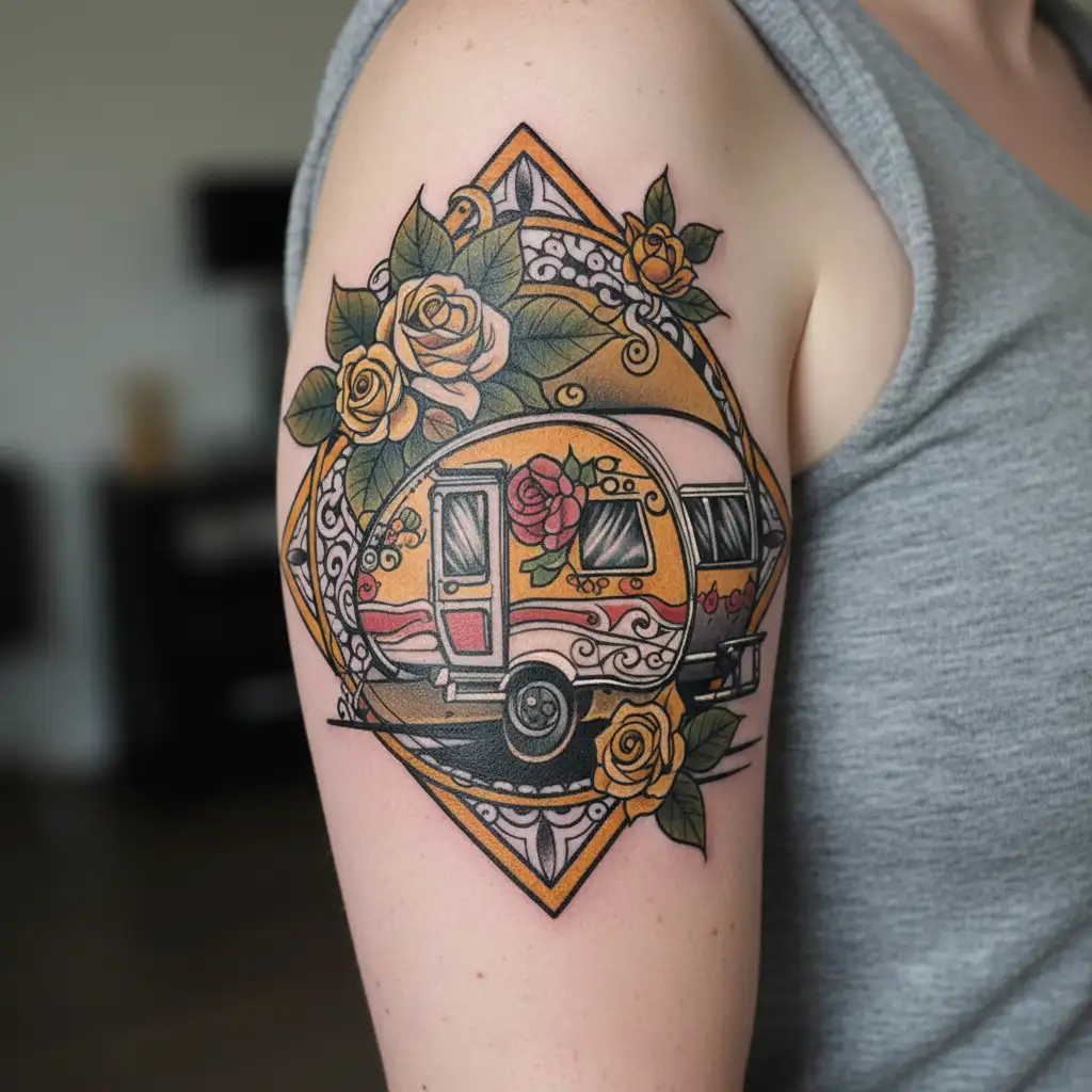 traditional gypsy bell top caravan with one neo traditional rose in the background  tattoo design idea